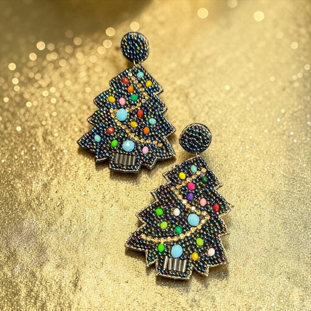 Vintage Style Beaded Christmas Tree Earrings Colorful Holiday Dangle Statement